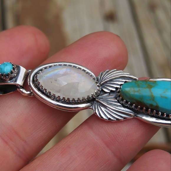 SOLD 925 Natural Kingman Turquoise & Rainbow Moonstone Statement Pendant NEW - Picture 4 of 7